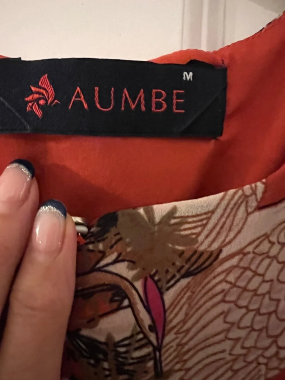 AUMBE Crane Print Tie Sleeve Blouse Orange Rust Size M